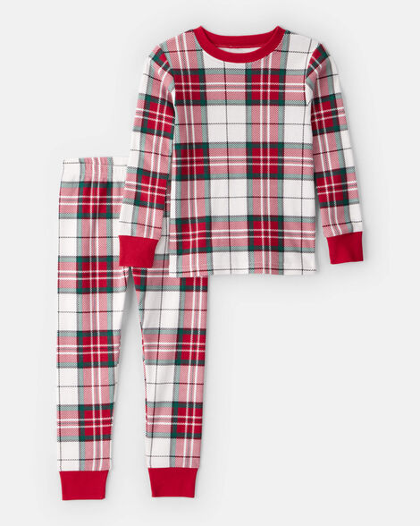 toddler plaid print 100% cotton long-sleeve snug fit 2-piece pajamas - red/green