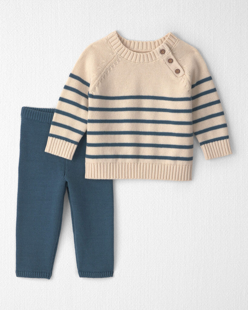 Little Planet Baby 2-Piece Organic Cotton Knit Sweater & Pant Set in Stripes 12M Blue Stripes