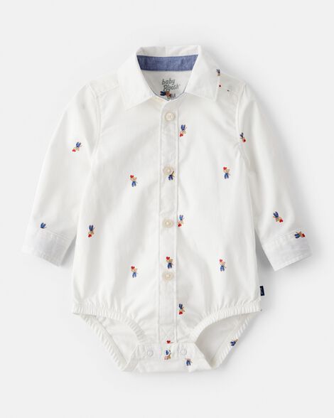 Baby Boy Bear Print Long-Sleeve Button-Down Bodysuit - White