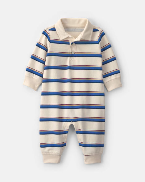 baby boy striped french terry long-sleeve jumpsuit - blue/cream