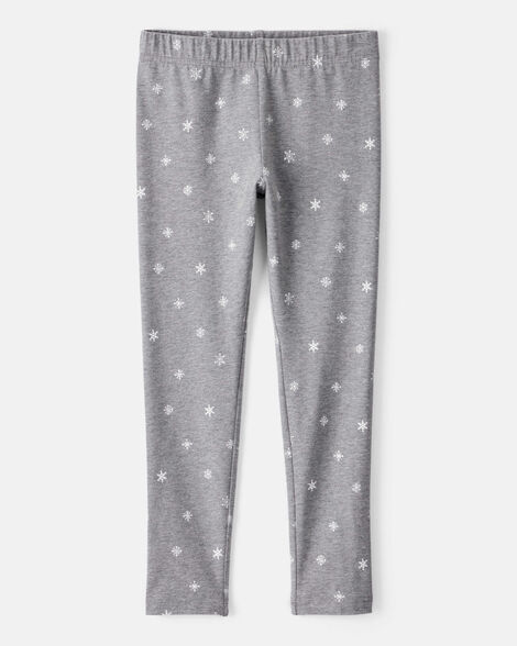 girls snowflake print cotton pull-on stretch leggings - grey