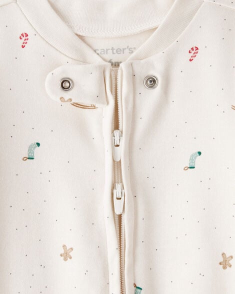 Baby Thanksgiving Print 100% Cotton Long-Sleeve 2-Way Zip Sleep & Play Pajamas - White
