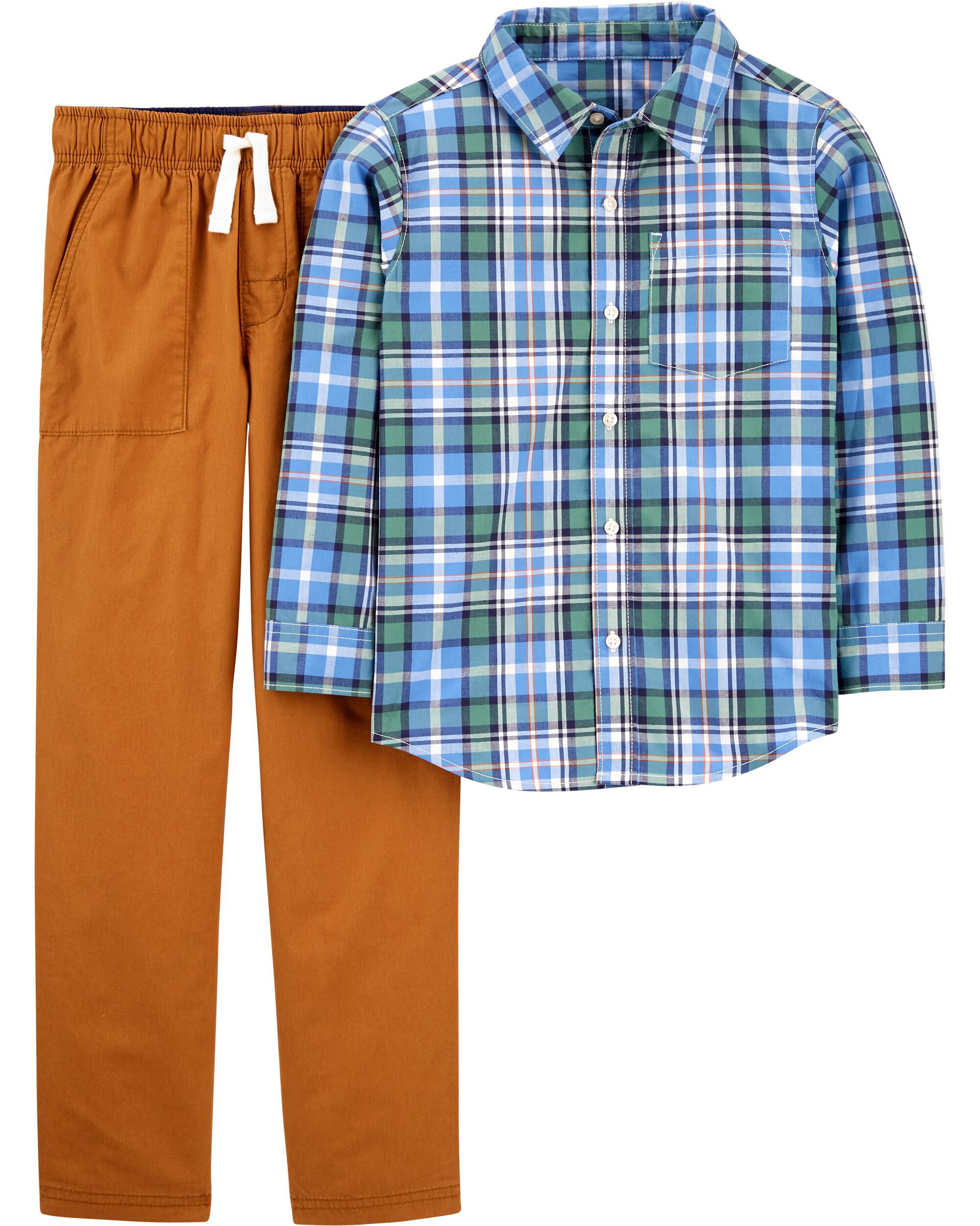 *CLEARANCE* 2-Piece Plaid Button-Front Shirt & Pant Set