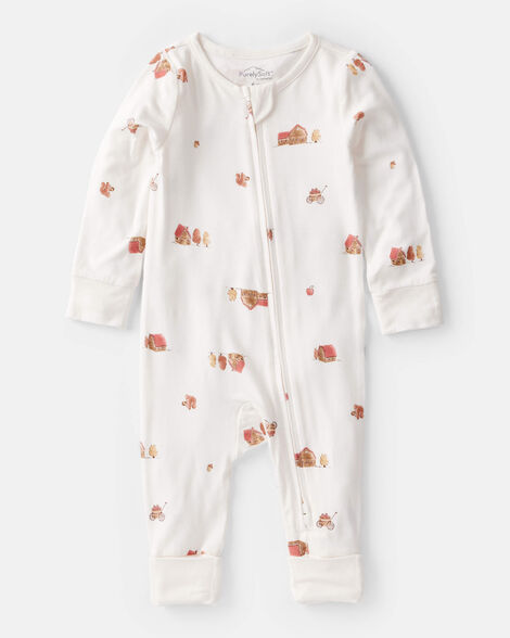 Product image 1 of Baby Fall Print PurelySoft Long-Sleeve 2-Way Zip Sleep & Play Pajamas - White