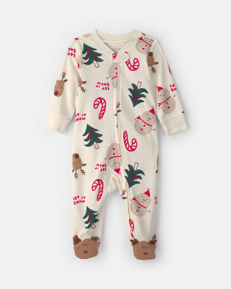 baby christmas icon 100% cotton 2-way zip sleep & play pajamas - cream