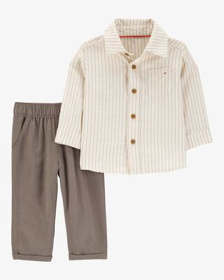 Product image 1 of Baby 2-Piece Striped Linen Look-alike Shirt & Pull-On Pant Set - Ivory/Brown