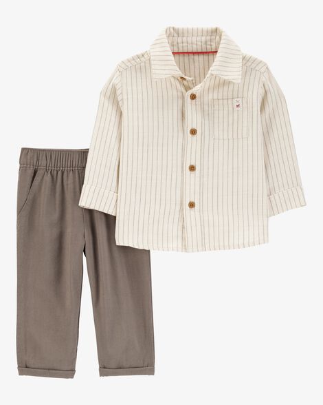  Product image 1 of Baby 2-Piece Striped Linen Look-alike Shirt & Pull-On Pant Set - Ivory/Brown