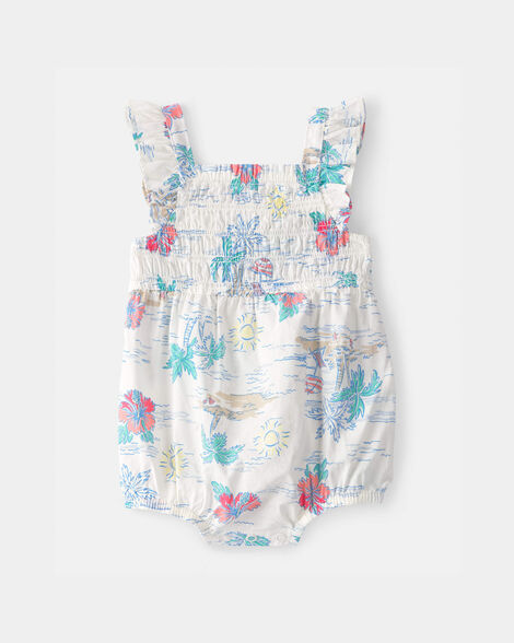 baby girl tropical beach sleeveless romper - ivory/green