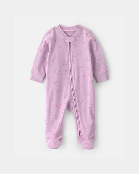 baby girl bunny 100% cotton 2-way zip sleep & play pajamas - purple