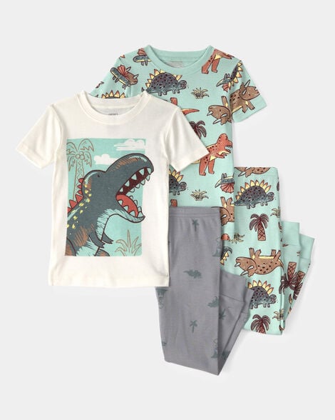 toddler boy dinosaur 100% cotton snug fit 4-piece pajama set - blue/grey