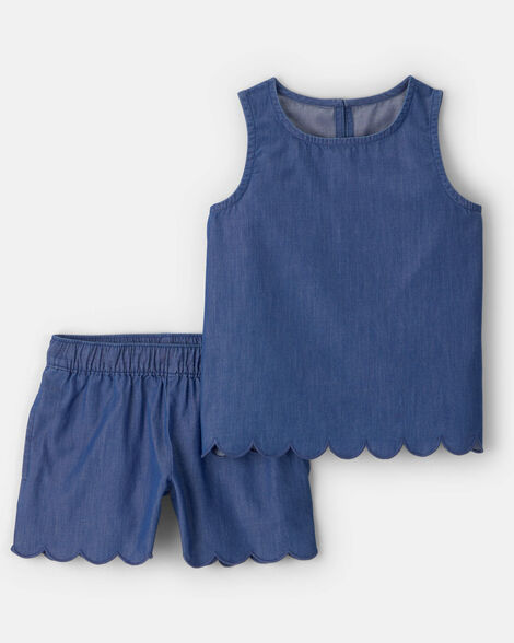 Girls 2-Piece Scallop Chambray Top & Short Set - Blue