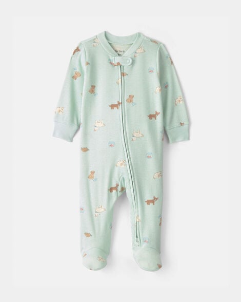 baby girl pets cotton 2-way zip sleep & play pajamas - green