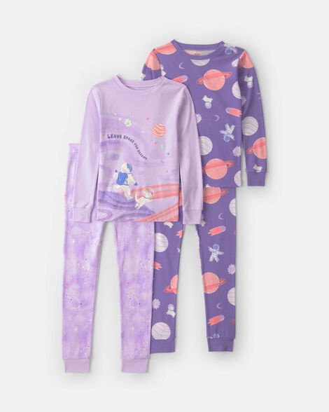 girls 4-piece space dog 100% cotton snug fit pajama set - purple