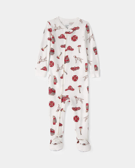 toddler boy firetruck 100% cotton snug fit 1-piece pajama - white