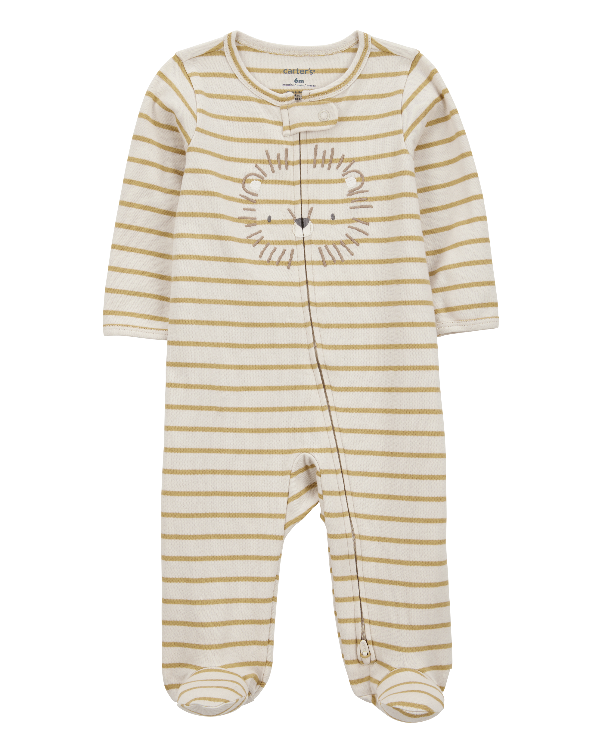 Baby Boy Lion Striped 2-Way Zipper Cotton Sleep & Play Pajamas - Tan