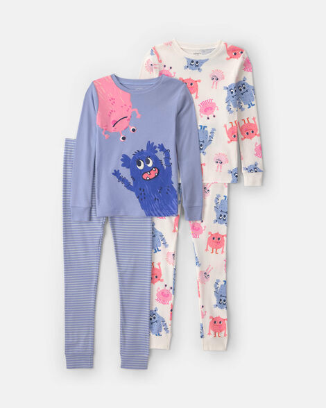 girls 4-piece monster 100% cotton snug fit pajama set - blue/cream