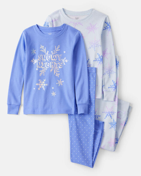 girls snowflake print 100% cotton long-sleeve snug fit 4-piece pajamas - blue