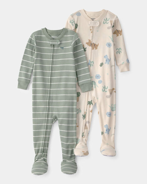 baby 2-pack dinosaur striped snug fit 1-piece pajama - green/cream