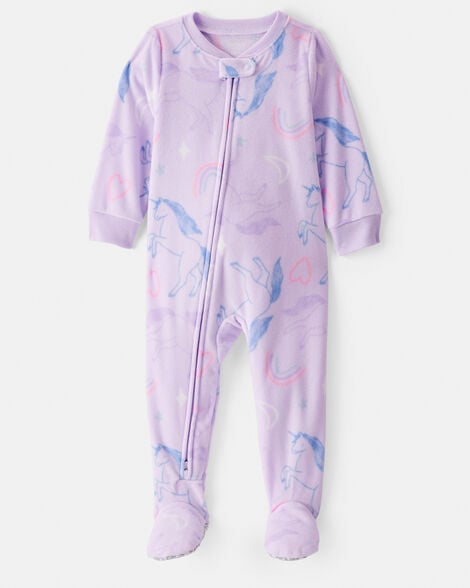 baby girl unicorn print loose fit long-sleeve 2-way zip 1-piece pajamas - purple