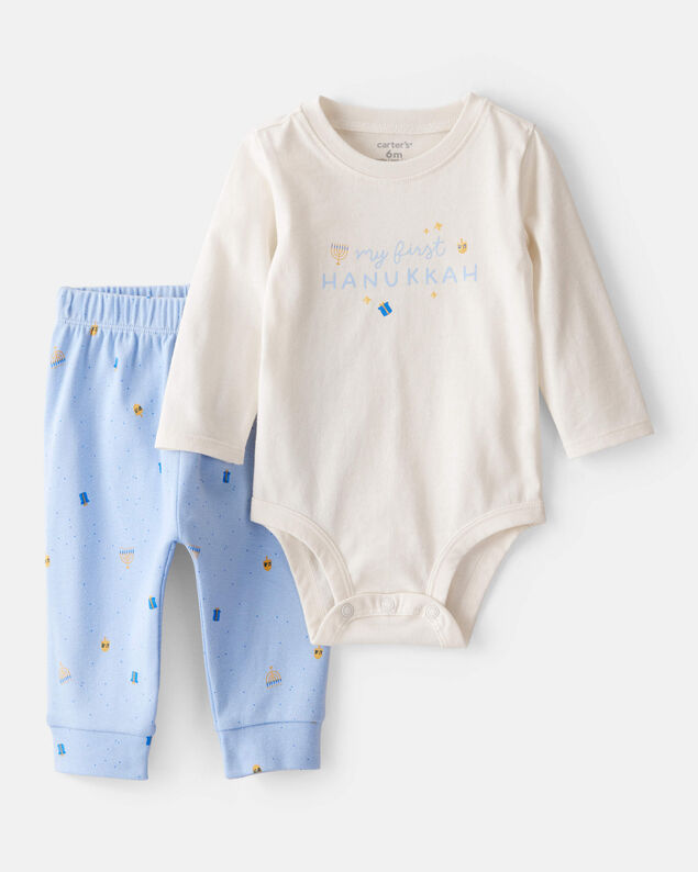Product image 1 of Baby 2-Piece My First Hanukkah Long-Sleeve Bodysuit & Pant Set - Ivory/Blue