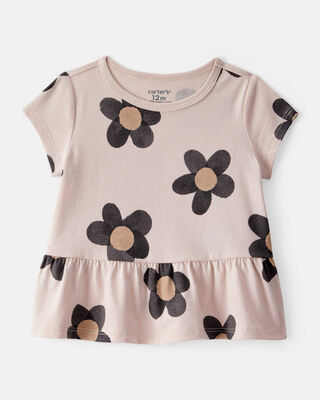 Product image 1 of Baby Girl Flower Print Short-Sleeve Peplum Top - Tan