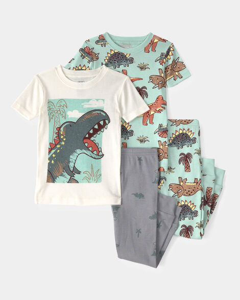 toddler boy dinosaur 100% cotton snug fit 4-piece pajama set - blue/grey