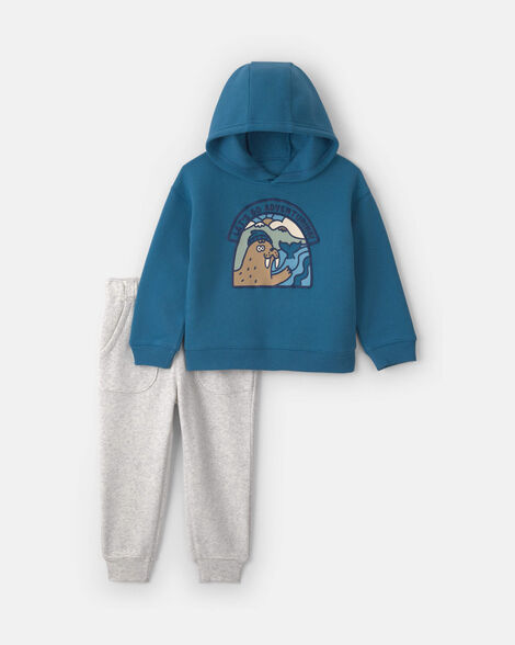 baby boy 2-piece walrus fleece hooded top & pant set - blue/grey