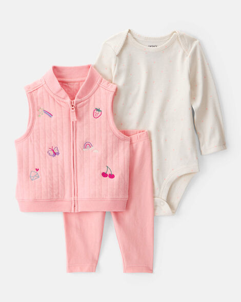 baby 3-piece fruit embroidered little vest set - pink/ivory