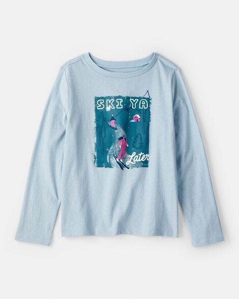 girls skiing long-sleeve graphic tee - blue