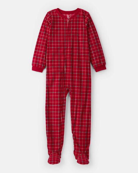kid plaid print fleece long-sleeve loose fit 1-piece pajamas - red