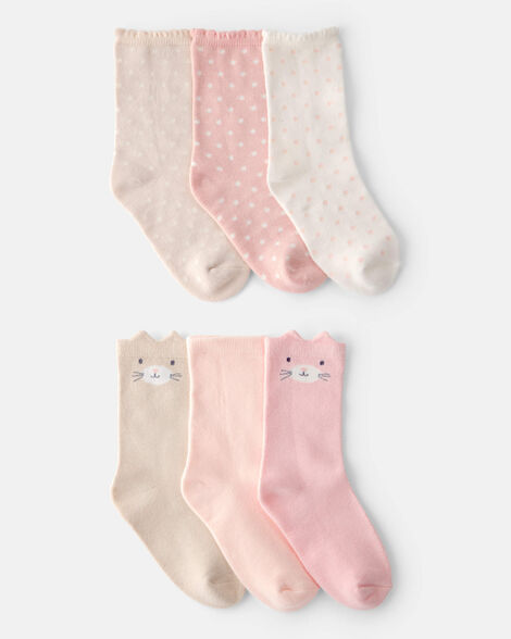 girls 6-pack critter crew socks - pink/ivory