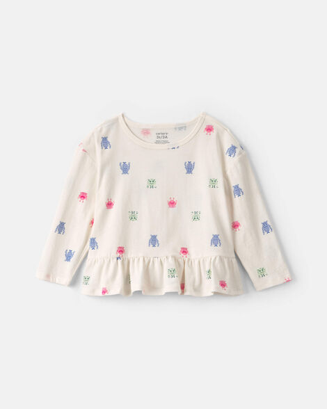 toddler girl monster long-sleeve peplum top - cream