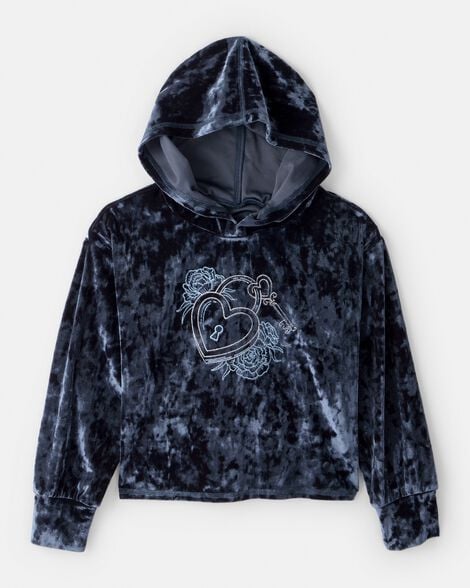 Girls Heart Embroidered Hooded Velour Top - Blue