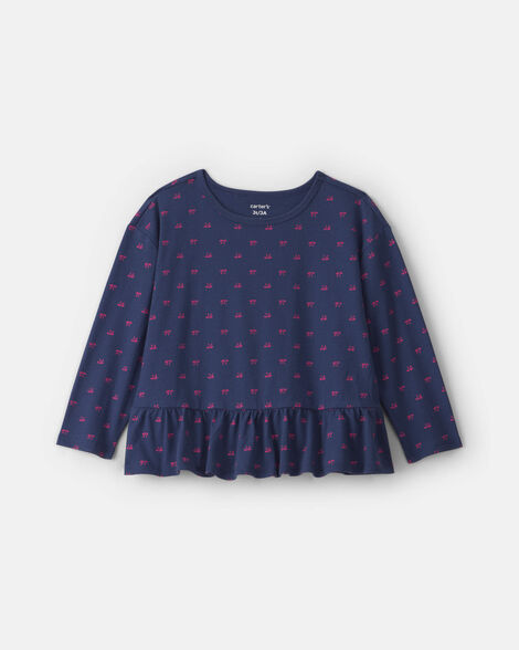 toddler girl bow long-sleeve peplum top - navy blue
