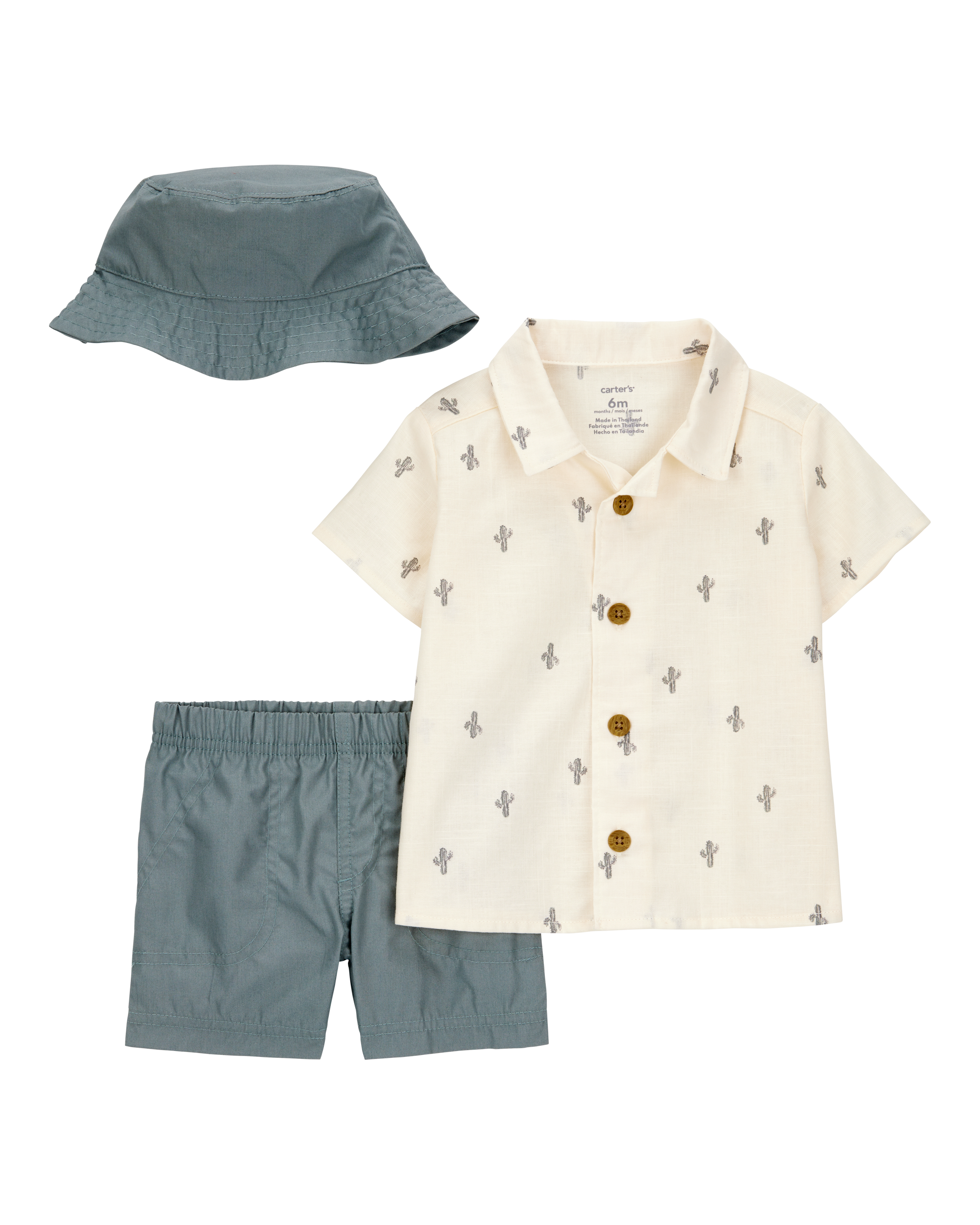 Baby Boy 3-Piece Cactus Short & Hat Set - Ivory/Green