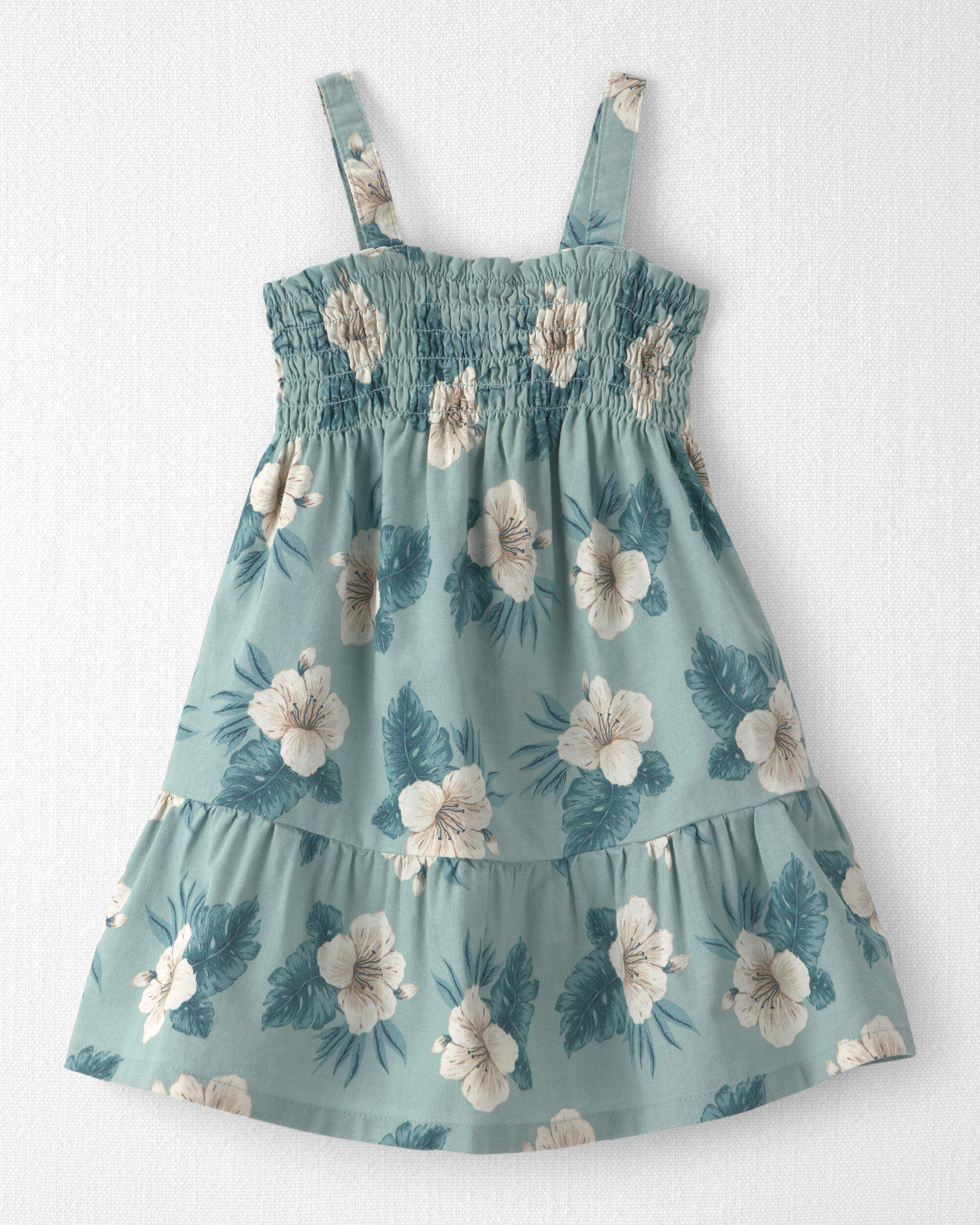 Little Planet Toddler Girl Smocked Linen Dress Made with Organic Cotton in Blue Hibiscus 2T Blue Hibiscus 30$
