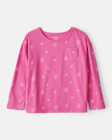 toddler girl snowflake print long-sleeve pocket tee - pink