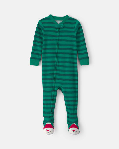 toddler 1-piece striped snowman 100% cotton snug fit footed pajama - green