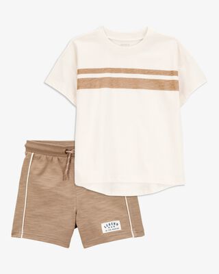 Product image 1 of Toddler 2-Piece Striped Short-Sleeve Tee & Pull-On Shorts Set - Cream/Brown
