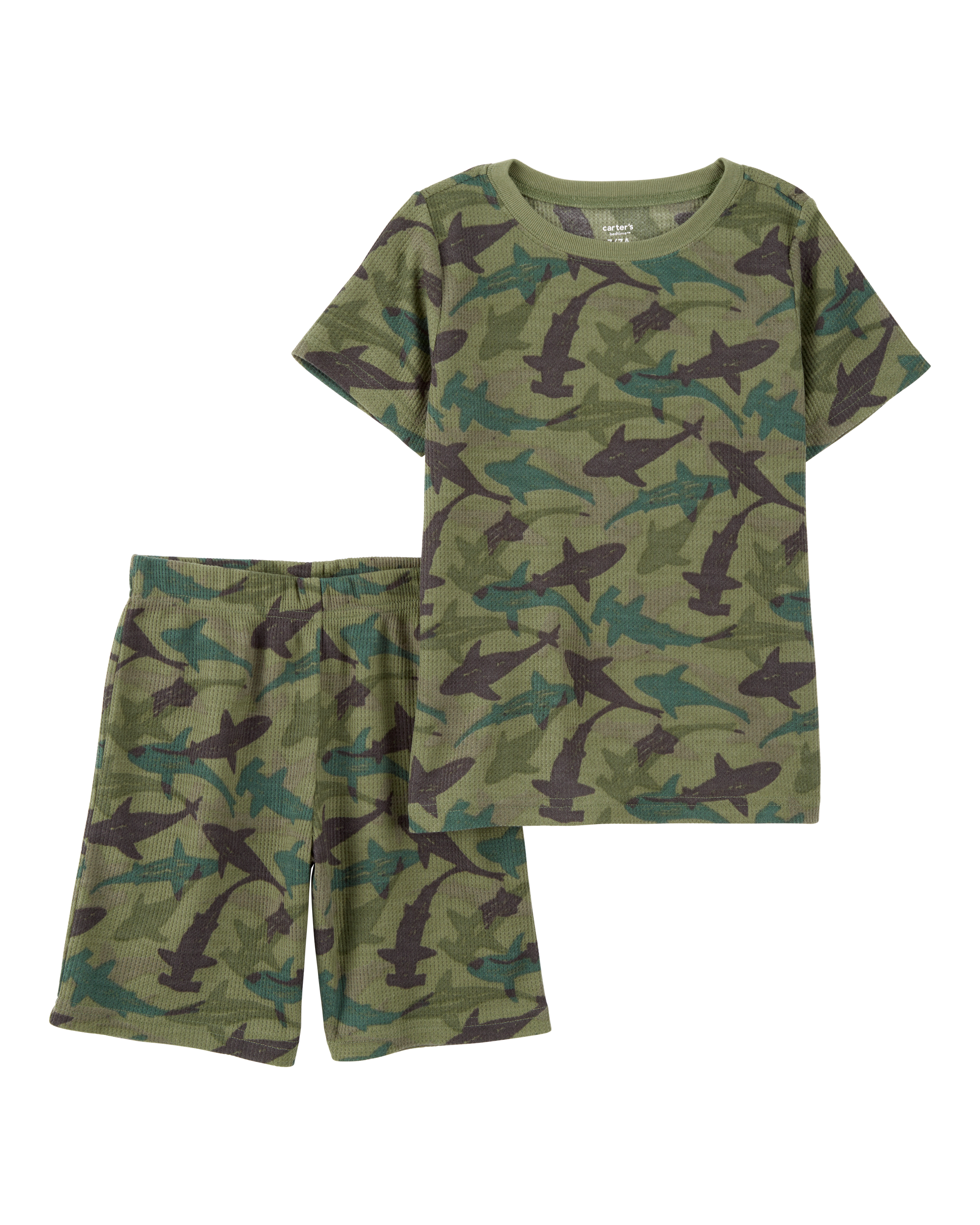Boys Shark Print Loose Fit Waffle Knit 2-Piece Pajamas - Green