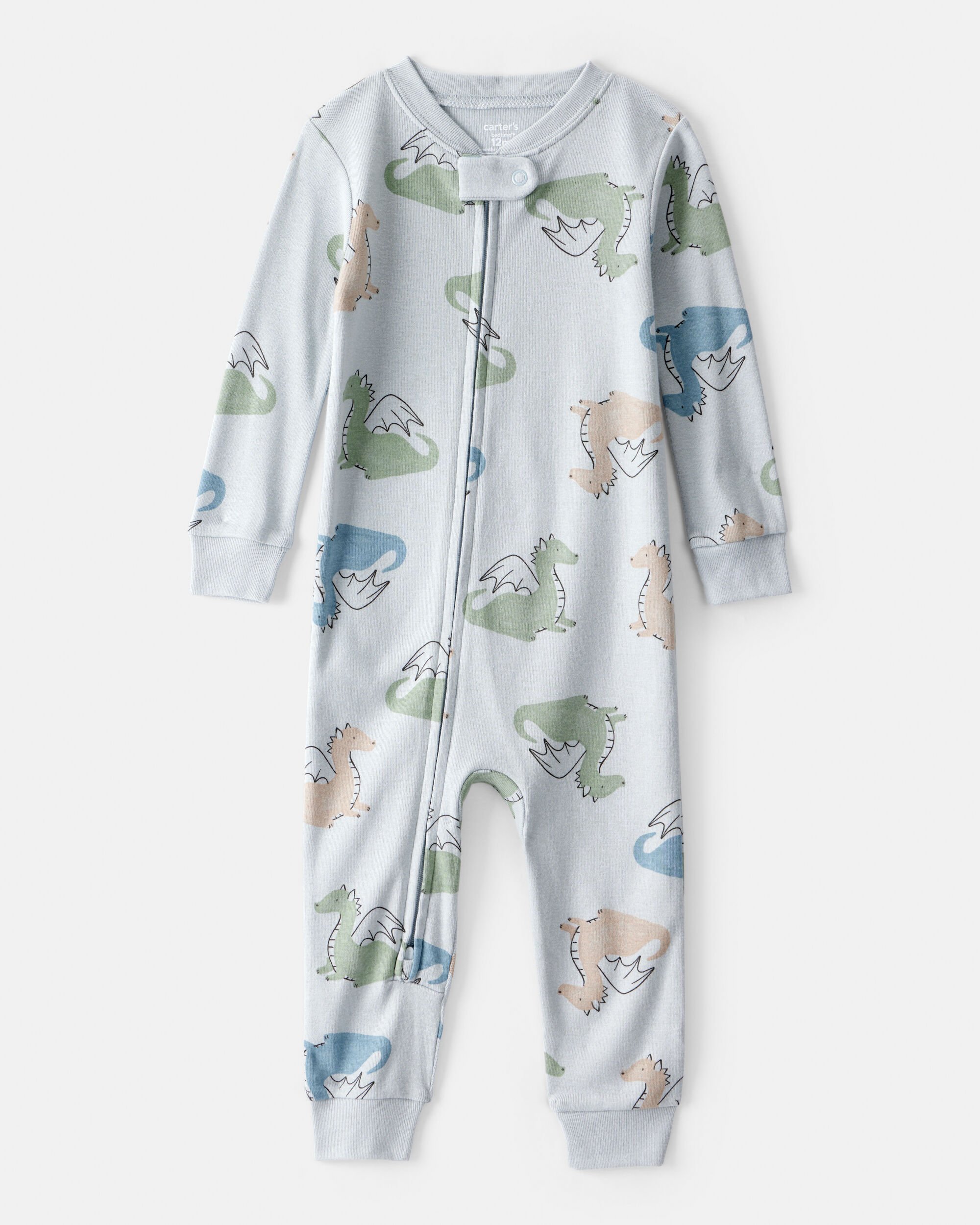 Toddler Boy Dragon 100% Cotton Long-Sleeve 2-Way Zip 1-Piece Pajamas - Blue