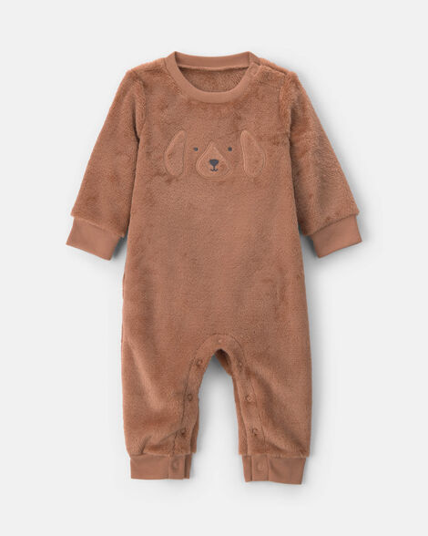 baby boy dog velvety long-sleeve jumpsuit - brown