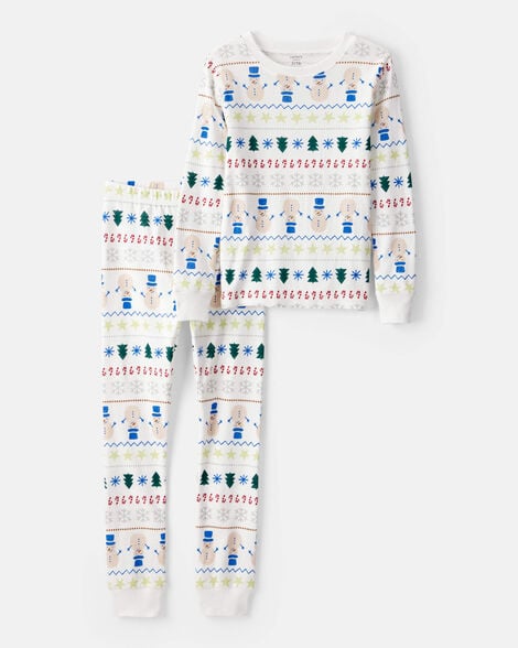 kid snowman fair isle 100% cotton long-sleeve snug fit 2-piece pajamas - white