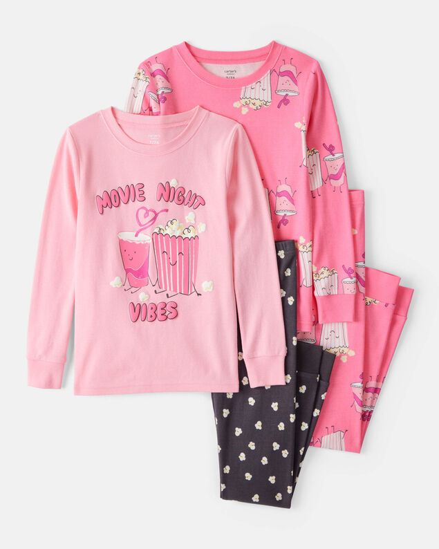 Product image 1 of Girls Movie Print 100% Cotton Long-Sleeve 4-Piece Pajamas - Black/Pink