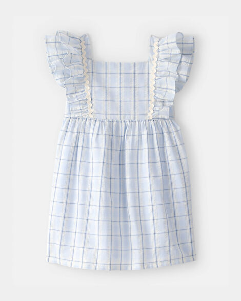 toddler girl plaid ruffle-sleeve dress - blue/white