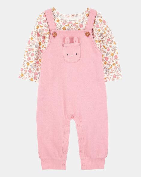 baby 2-piece floral bunny long-sleeve tee & coverall set - pink