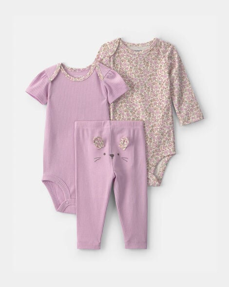 baby girl 3-piece bunny bodysuit & pant set - purple