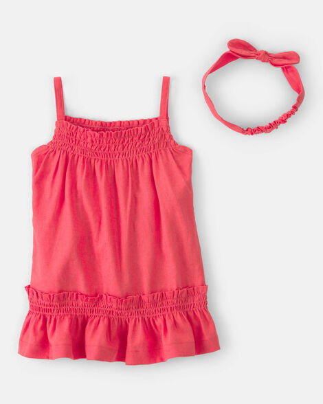 baby girl 2-piece linen sleeveless dress set - coral
