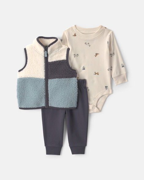 baby boy 3-piece fox teddy fleece layering set - blue