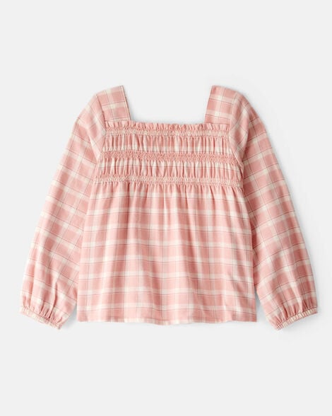 toddler girl plaid cotton long-sleeve top - pink
